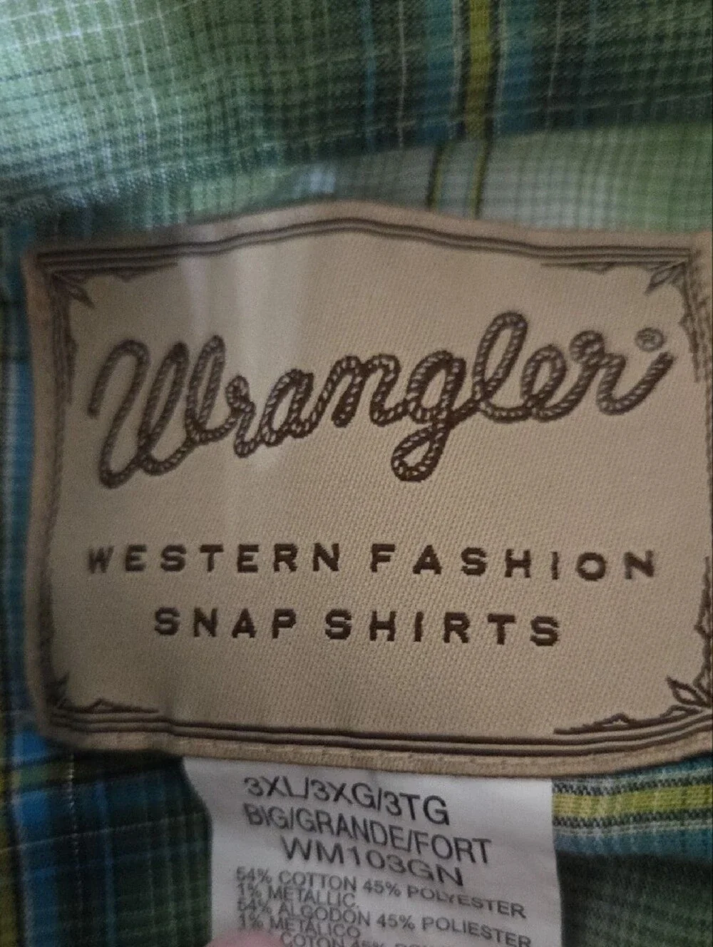 Wrangler Men's Pearl Snap Green and Blue Plaid Western Shirt - Size 3XL